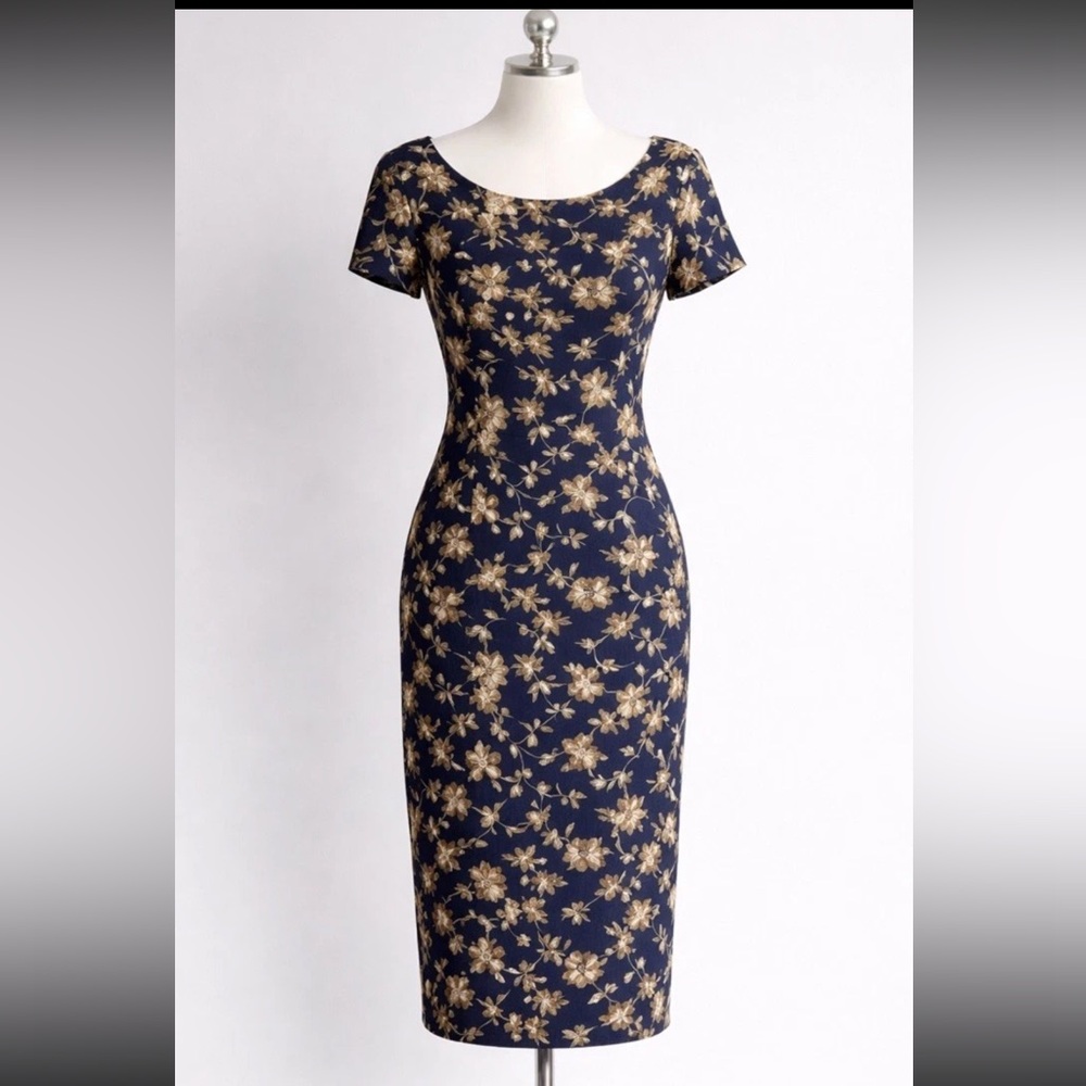 Maggy London 100% Silk Navy Gold Floral Elegant Classic Dress